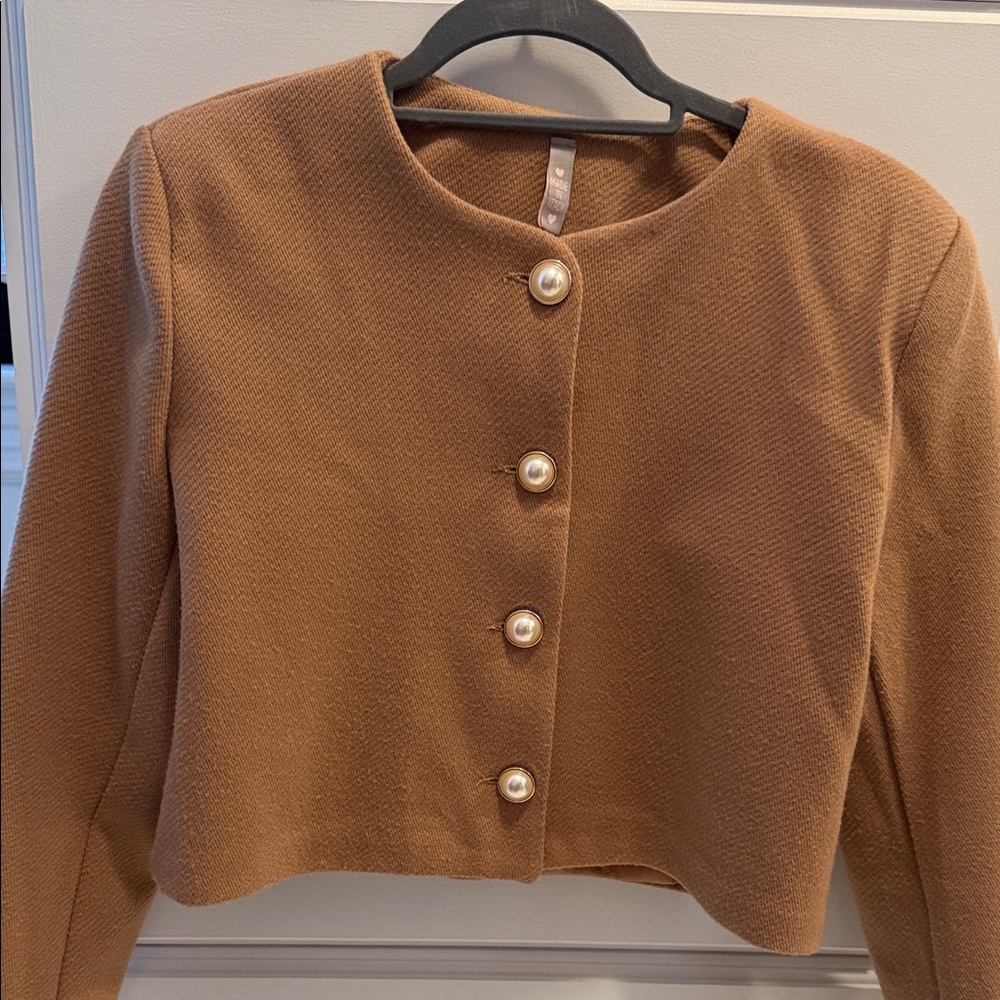 Elegant Tan Cropped Jacket with Pearl Accents